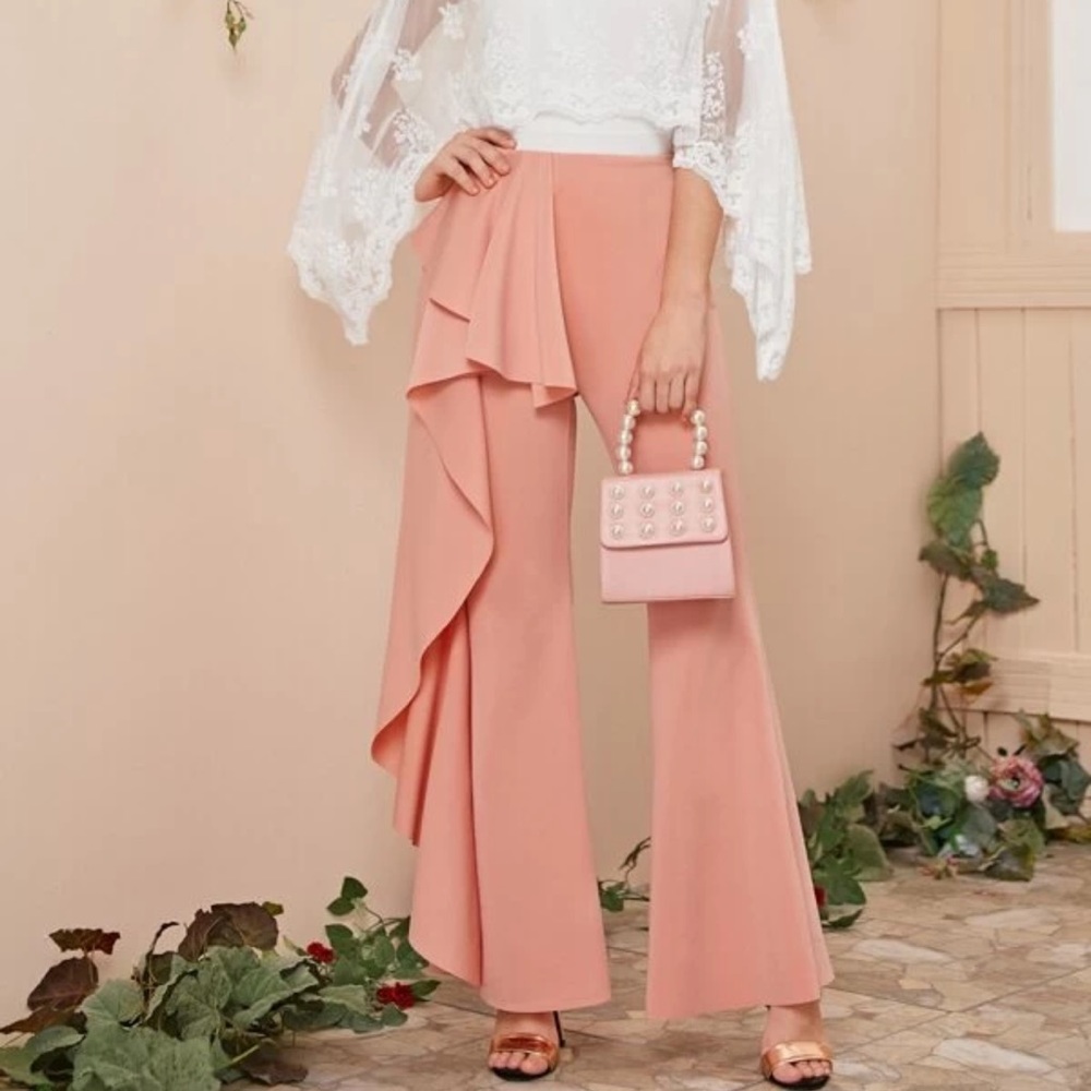 NWT Peace+Love peach color wide  leg one side ruffles pants trousers